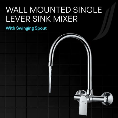 Image of Jaquar Wall Mounted Single Lever Sink Mixer with Swinging Spout on Upper Side, Connecting Legs & Wall Flanges, Stylish & Durable Faucet for Kitchen & Bathroom, Sliver, Chrome Finish