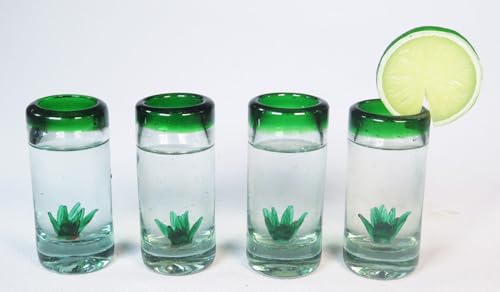 Eye4Art Mexican Tequila Shot Glasses, 4 Agave Cactus, Green Rim, Hand Blown