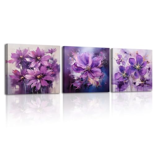 Piy Painting 3 Parties Fleurs violettes Floral Tableau Déco Murale Fleur romantique Impression...