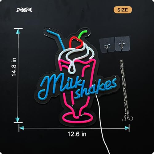 Image of Milk Shakes Neon Signs Ice Cream Neon Light Milk Tea LED Neon Light Milk USB Powered Dimmable(12.6x14.8 Inch)