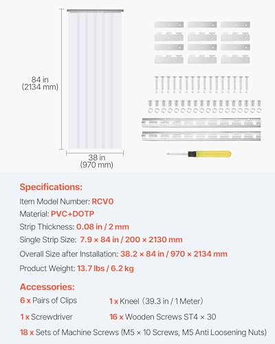 Image of VEVOR PVC Strip Curtain, 84 inch Height x 38 inch Width, 0.08 inch Thickness, 6PCS Clear, Freezer & Cooler Door Strips, 50% Overlap Visit the Store