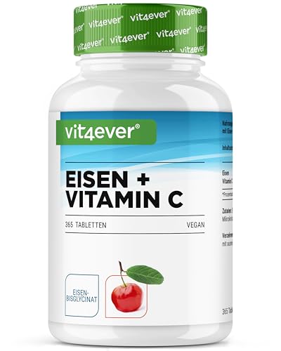 vit4ever Eisen mit 40 mg natürlichem Vitamin C - 365 Eisentabletten - Hohe Bioverfügbarkeit druch Chelat-Komplex (Eisenbisglycinat) - Hochdosiert vegan ohne unerwünschte Zusätze