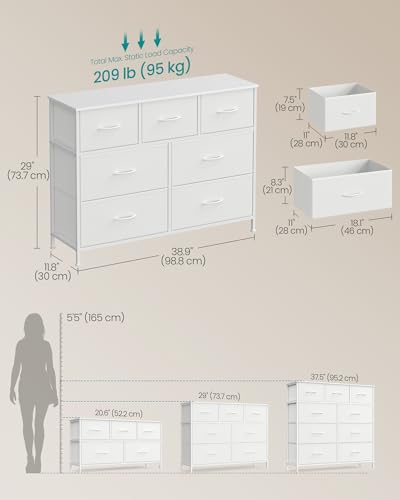 Image of SONGMICS Dresser for Bedroom, Chest of Drawers, Steel, MDF, 7 Non-Woven Fabric Drawers, Storage Organizer Unit, Closet, Entryway, Cloud White and Snow White ULGS323WH01