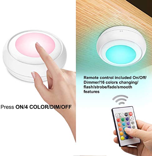 Luxsway Battery Led Color Puck Lights| Stick Up Push Lights With Remote| 16 Color Changing Led Fairy Lights| Wireless Tap Lights| Dimmable Under Cabinet Light| Battery Powered Rgb Night Light -4Pack #TOP1