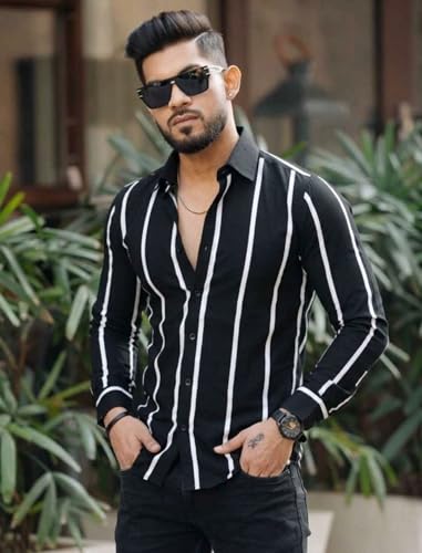 Image of MiraMichi Men's Striped Slim Fit Lycra Shirt | Full Sleeve Stretchable Shirt | Trendy Black and White Vertical Stripes for Casual