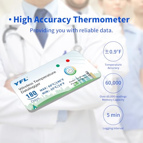 Image of YFL Wireless Temperature Data Logger Reusable Temperature Sensor USB-Free Thermometer Recorder High Accuracy Thermometer with PDF Reports 180 Days Room Temperature Monitor Indoor Outdoor-10 Packs