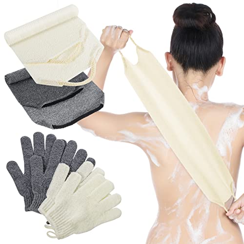 Breling 4 Pcs Shower Gloves with Loop Scrubber, Gray, Beige, White