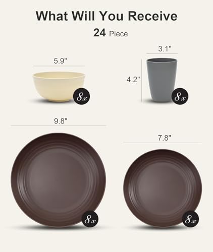 Image of Quatish 24 Piece Plates and Bowls Sets for 6, Unbreakable Dinnerware Sets, Dish Set for Camping, Dishwasher Microwave Safe, Outdoor Kitchen and Apartment Dorm Dinning RV Essentials, Brown