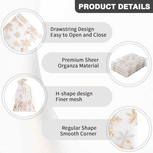 Image of Snowflake Organza Bags, 50 PCS Christmas Sheer Organza Bags with Drawstring 4 x 6 inch, Jewelry Gift Bag, Gold Small Mesh Goodies Xmas Wedding Favor Mini Candy Pouches Bag for Christmas Party Favors