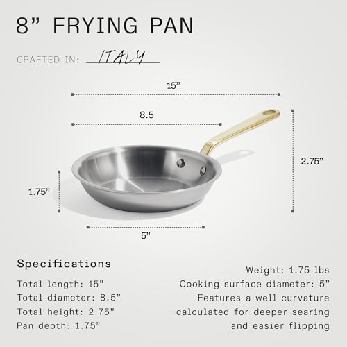 Image of Made In Cookware - 8-Inch Stainless Steel Frying Pan with Antique Brass Handle - 5 Ply Stainless Clad - Professional Cookware - Crafted in Italy - Induction Compatible