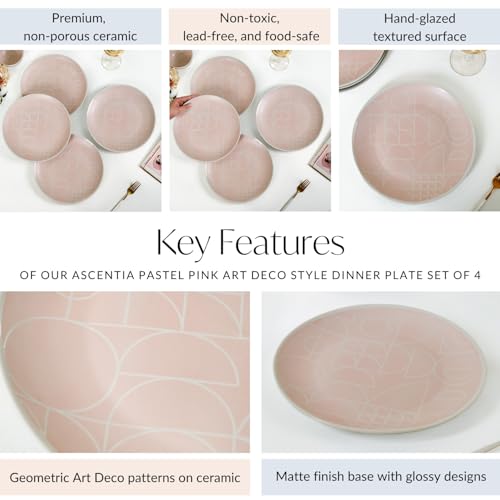 Image of Nestasia Ceramic Dinner Plates Set of 4 (10 Inch Each) - Microwave & Dishwasher Safe Full Plates with Geometric Pattern - Perfect for Home, Kitchen, Dining & Gifting (Pastel Pink Matte Finish)