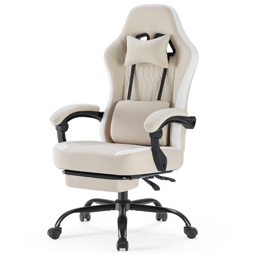 Image of Computer Gaming Chair - High Back Ergonomic Desk Chair with Footrest and Lumbar Support, Height Adjustable Task Chair with Linkage Armrests and Headrest, 360 Swivel Wheels, Khaki