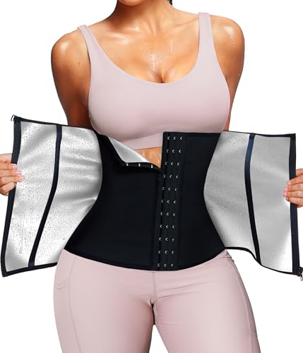 Nebility Waist Trainer for Women Corset Shapewear with Zipper Sweat Waist Trimmer Faja Body Shaper Workout Waist Cincher Black-silver