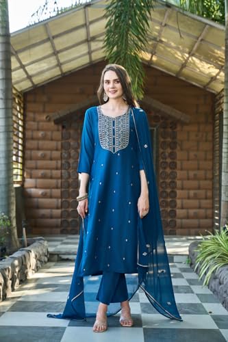 Image of GoSriKi Women's Cotton Blend Embroidered Kurta Set with Pant & Dupatta - Straight Calf‑Length, 3 /4 Sleeve, Round Neck - Elegant Ethnic Attire (5 Colors, S-5XL)
