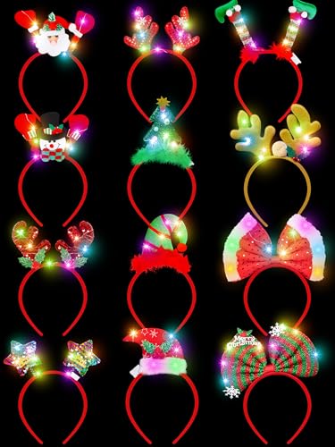HOVACY 12 Pcs Christmas Headband Christmas Light Headband Christmas Party Favors for Xmas Supplies for Women Xmas Decorations