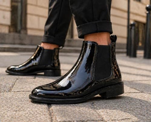 Image of Men's Leather Chelsea Boots | Ankle Boots with Textured Finish Formal & Smart Casual Boots | Comfortable Fit, Trendy, Stylish Boots | Leather Boots for Office /Fashionable