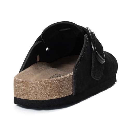 KIDMI Genuine Suede Clogs for Women Memory Foam Cork Footbed Potato Shoes Slip On Leather Mules with Big Buckle