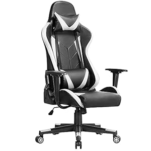 Yaheetech Gamingstoel, racestoel, bureaustoel, hoge rug, computerstoel, ergonomisch design, draaistoel met hoofdsteun en lendenkussen, kunstleer, wit