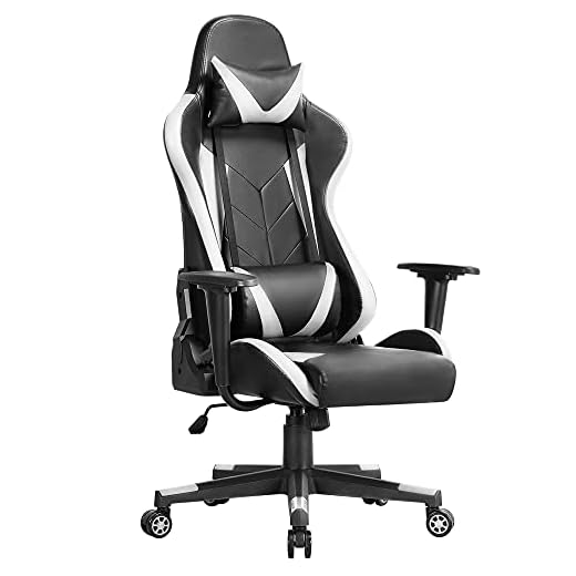 Yaheetech Gamingstol, racingstol, kontorsstol med hög rygg, datorstol, ergonomisk design, snurrstol med nackstöd och ländryggskudde, konstläder, vit