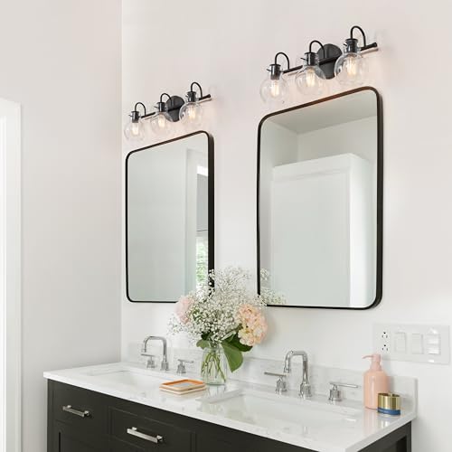 Image of LALUZ Black Bathroom Vanity Light Fixtures, 3-Light Matte Black Farmhouse Vanity Lights with Clear Glass Globe, 22'' Modern Bathroom Lighting Lights Over Mirror