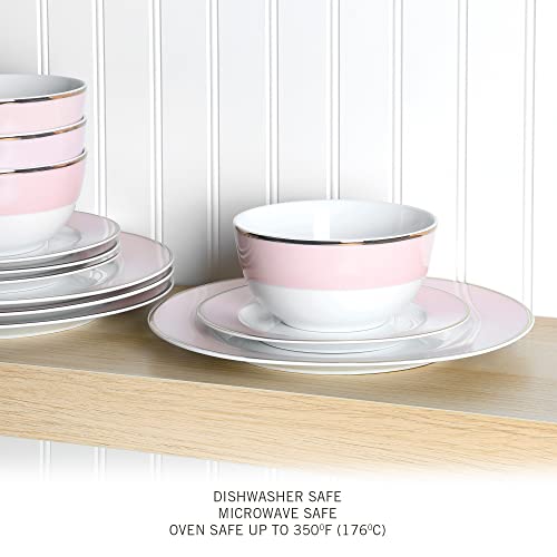 Martha Stewart Gracie Lane 12 Pc Porcelain Decorated Dinnerware Set - Pink W/Gold Rim, Service For 4 (12Pcs) #TOP1