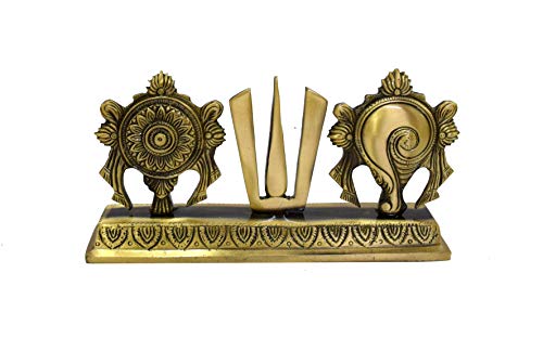 WIGANO Brass Shankh Chakra Namah,Namam Showpiece (8.5 X 4.5 -inch, Yellow Colour)