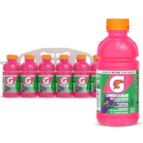 Gatorade Lower Sugar Electrolyte Sports Drink, Rain Berry, 12 fl oz Bottles, (12 Pack), 75% Less Sugar, No Artificial Flavors, No Artificial Sweeteners, No Artificial Colors, Hydration
