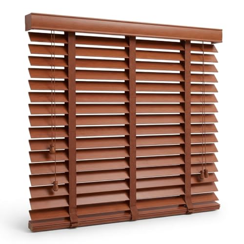 EVOZEN 2 Slats Wood Blinds for Indoor Windows with Classic Valance Custom Room Darkening Solid Wooden Venetian Horizontal Blinds & Shades for Indoor Windows Office Living Room Bedroom