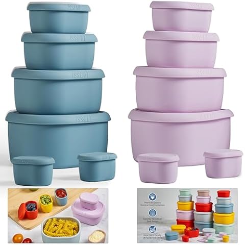ISSEVE 12Pcs/Set Nesting Silicone Food Storage Containers with Lids, BPA Free Reusable Meal Prep Silicone Containers Airtight, Freezer Dishwasher Safe (33.8oz, 20oz, 10oz, 6.7oz, 1.3oz) Cover