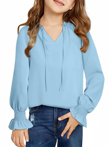 Image of DOKOTOO KIDS Girls Dress Shirt Long Sleeve Blouse Fall Tops Size 7-15 Years | V Neck, None Elastic Breathable Fabric, Ruffle Smocked Sleeve, Solid Pull on, Uniform Formal Western Thanksgiving