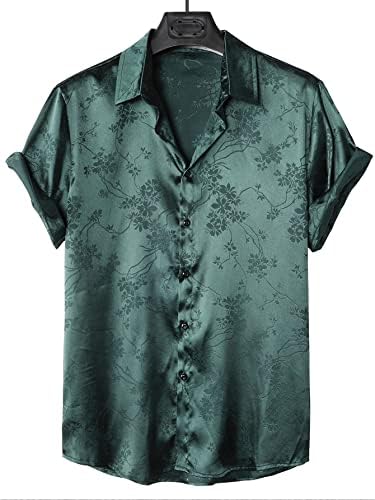 OYOANGLE Men's Satin Floral Print Button Down Front Lapel Collar Solid Short Sleeve Shirt Dark Green L