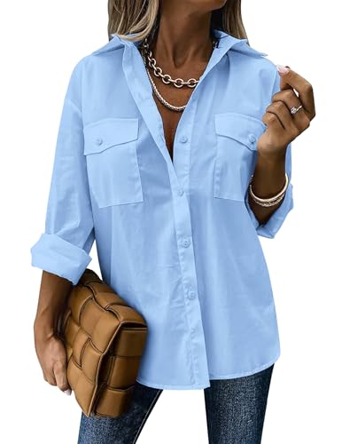 Zeagoo Womens Button Down Shirts Casual Long Sleeve Drop Shoulder Blouses Solid Color Dress Shirts with Pockets