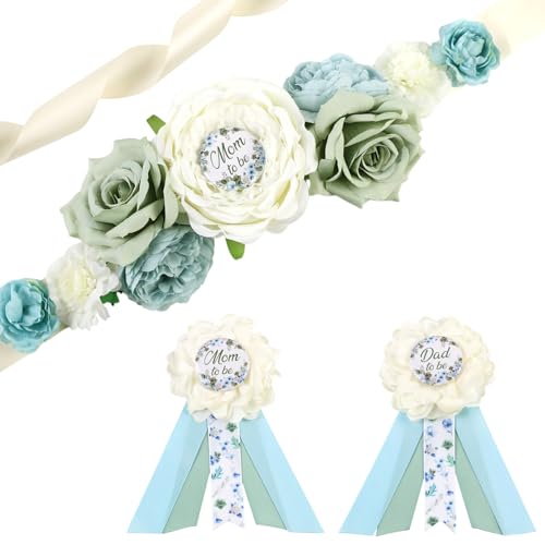 Cheerupp Dusty Blue Sage Green Baby Shower Maternity Sash Kit, Greenery Gender Reveal Belly Belt and Mom to Be Dad to Be Corsage Pins, New Parents Pregnancy Announcement Photo Props Party Supplies