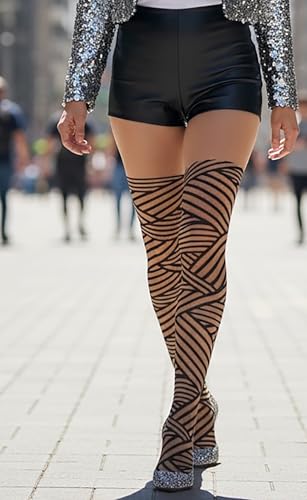 Image of ToBeInStyle Women's Strappy Zig Zag Lace Up Bandage Print Fashion Goth Tights