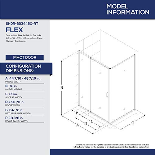Dreamline Flex 34 1/2 In. D X 44-48 In. W X 72 In H. Semi-Frameless Pivot Shower Enclosure In Chrome, Shdr-2234460-Rt-01 #TOP1
