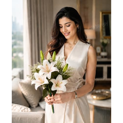 Image of Divyakosh Artificial Flowers Bunch (Vase Not Included). Artificial Flower for Vase Flower Bouquet Gift White Lily Arrangement for Living Room, Dining Table Office Decor