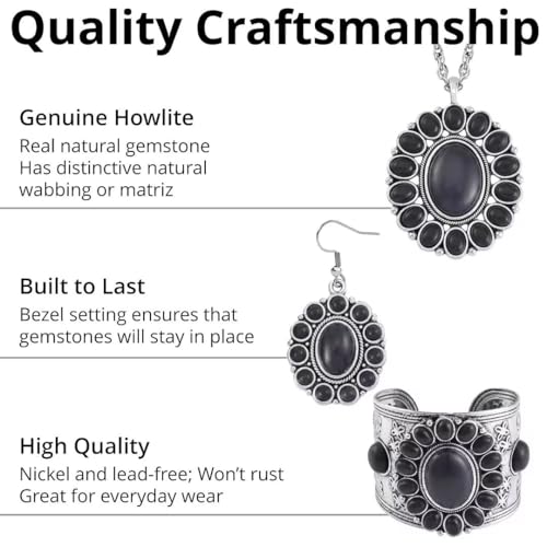 Howlite Jewelry Sets for Women - Turquoise Inspired Western Cowgirl Accessories - Beautiful Statement Necklace Earrings & Cuff Bracelet Set Southwestern Chunky Necklaces Costume Jewelry - Black3