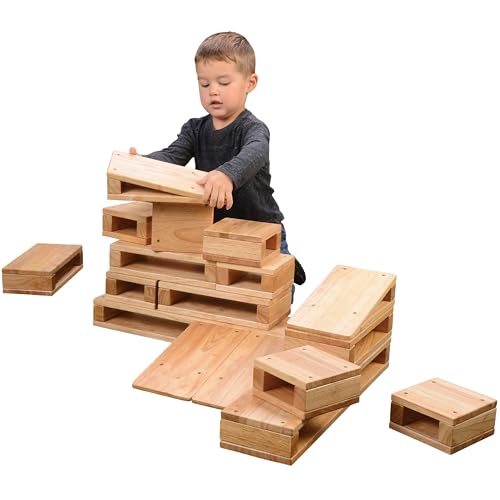 Constructive Playthings Junior Large Hollow Wooden Blocks for Toddlers and Kids Ages 2-7 Set of 18 Assorted Shapes Solid Hardwood