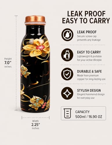 Image of Pure Copper Water Bottle - Handcrafted - Ayurveda health benefits -Small 450 ml - Leak proof - Easy to carry for Sports, Fitness, Yoga, School - Textured Black Base Floral Colorful Enamel.