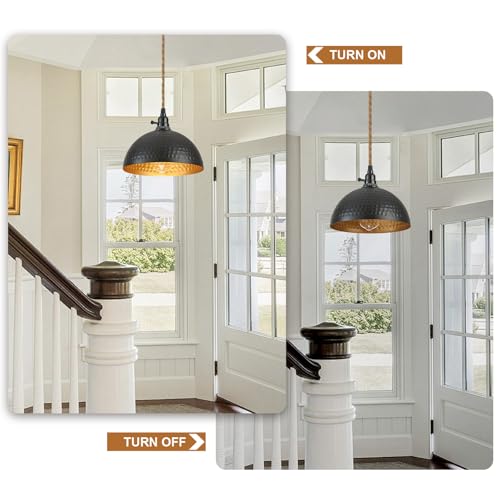 Image of 3 Light Plug in Pendant Lights Hammered Dome Hanging Lamp with Switch 22 Ft Long Hemp Rope Farmhouse Pndant Light Cord Lighting Fixture DIY Hanging Light