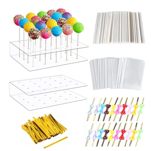 WWYSSZ 2 Piezas 20 Agujeros Soporte para Piruletas y Pop Cakes de Acrílico, con 100 Unidades Palitos de Cake Pops, 100 Corbatas Giratorias, 100 Bolsa de Caramelos, 20 Pajarita, para Boda, Cumpleaños