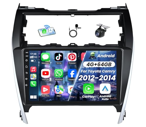 [4+64G] Car Radio for Toyota Camry 2012 2013 2014: 10 Touch Screen with Carplay and Android Auto Android 13 Camry Stereo Support Bluetooth 5GWiFi GPS FM Radio 1080P Backup Camera & SWC