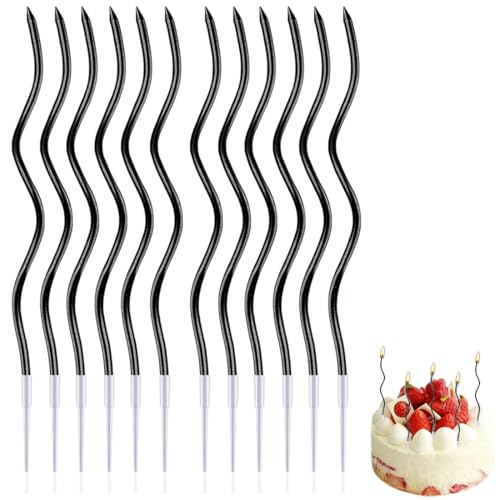 Centro de mesa para fiesta, 12 velas para tarta de cumpleaños, velas en espiral largas y delgadas con superficie metálica, velas en espiral para cupcakes para decoraciones de tartas de (negras)