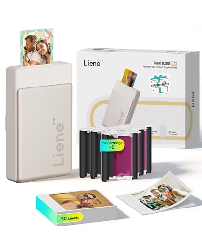 Liene Pearl N200 Pro Portable Photo Printer, Instant Mini Picture Printer for iPhone Smartphone, Thermal Dye Sublimation, Bluetooth Sticker Printer 50 Sheets 2x3 Adhesive Paper & 5 Cartridges, Gold