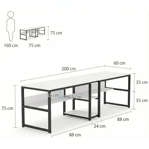 Image of TEKAVO Doris Two Person Desk I 200 CM I Two People Working Table for Office & Home I Computer Desktop Table for Home pc I Desk with Book Shelf Storage I White Wood I Metal I DIY