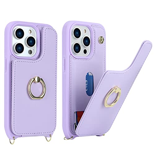 Image of for iPhone 14 Case with Card Holder and Strap for Women,Crossbody Lanyard,Ring Stand,Snap Clasp,Phone Wallet Cases 6.1 inch(Purple)