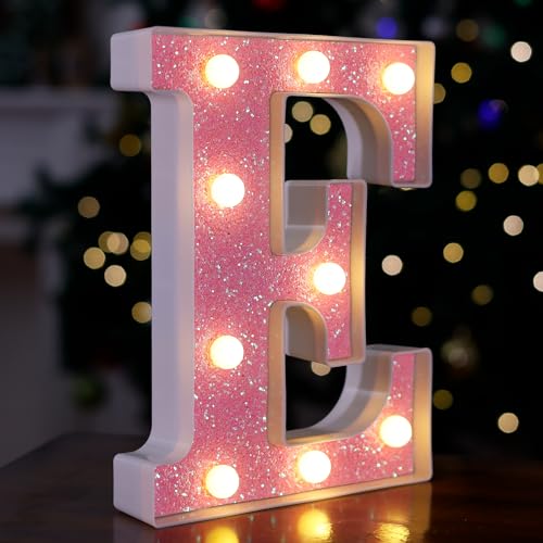 Image of LED Letter Lights Pink Glitter Marquee Letters Light Up Alphabet Letters Sign Battery Powered for Home Party Decoration Night Bar Wedding Birthday Christmas Lamp Girls Gift - Letter E