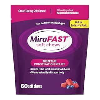 MiraFAST Soft Chews, from the Makers of MiraLAX, Gentle Constipation Relief, Fast Acting, Stimulant Free Saline Laxative, Magnesium Hydroxide, Blueberry & Raspberry Flavor, 60ct