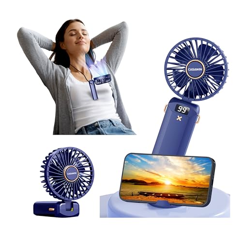 CASAWIN Portable Mini Ultra Quiet Hand Fan – USB Rechargeable.3-in-1 Handheld,Neck,Desk Fan, 5 Speed, 90° Foldable, 3000mAh, LED Display, Mobile Holder,Ideal for Home,Office,Makeup,Travel– Berry Blue