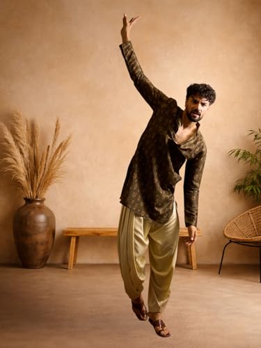 Image of Amazon Brand - Tavasya Men Silk Blend Ethnic Motif Printed Embellished Long Kurta | Regular Fit | Ethnic Wear | Full Sleeve